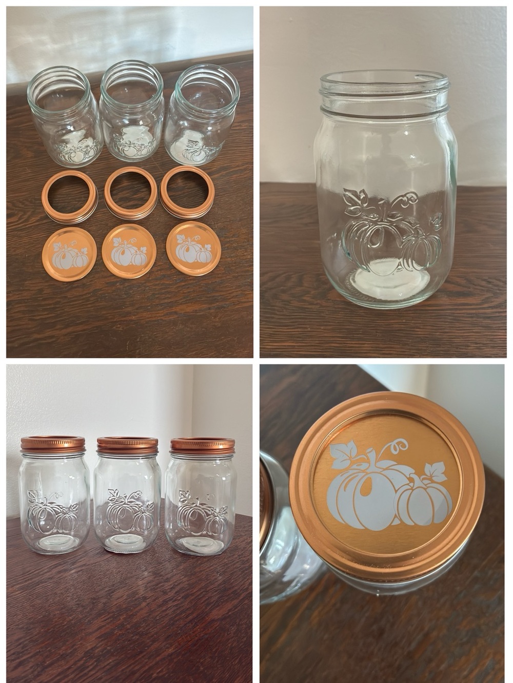 NWT- Set of 3 Clear Glass Embossed Pumpkin Canning Jars with Pumpkin Copper Lids